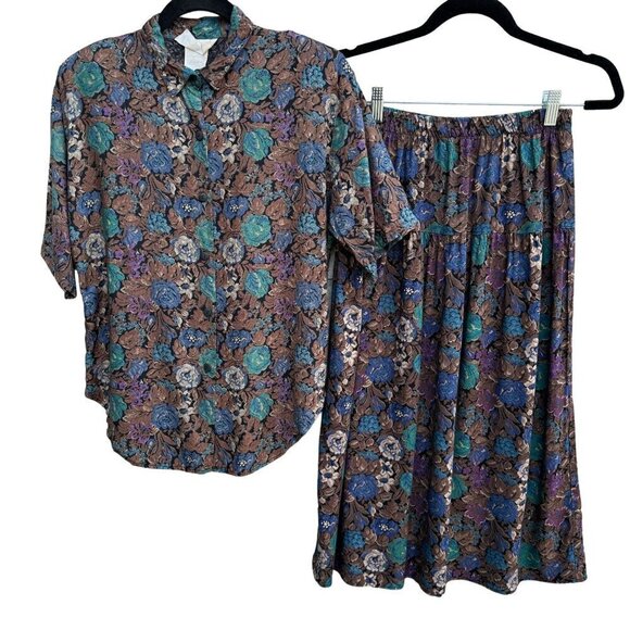 Knock It Off Vintage Womens Floral Patterned 2 Piece Prairie Skirt & Blouse Set - Picture 1 of 13